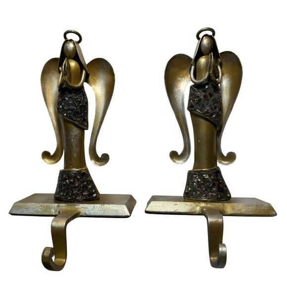 Pier 1 Imports Angel Christmas Stocking Hanger Holder Pair Iron Antique Pewter - Picture 3 of 16